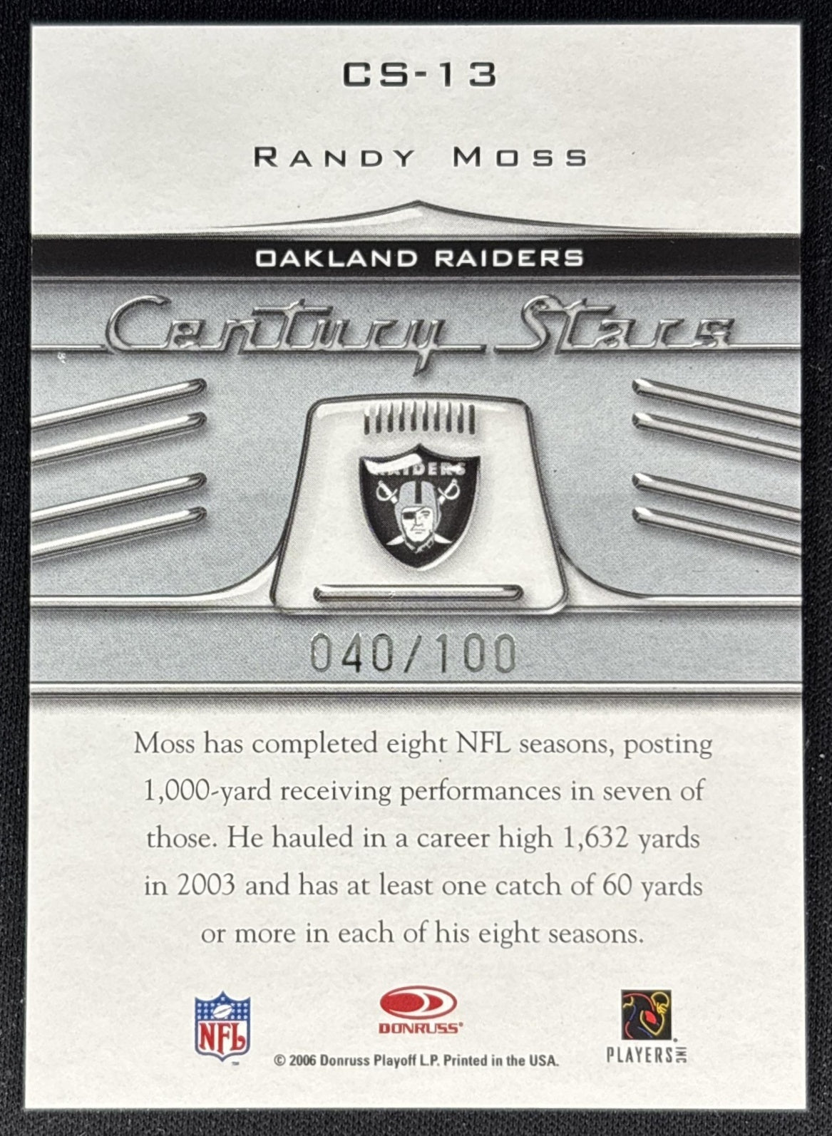 Randy Moss 2006 Donruss Threads Century Stars Blue /100 Raiders Football