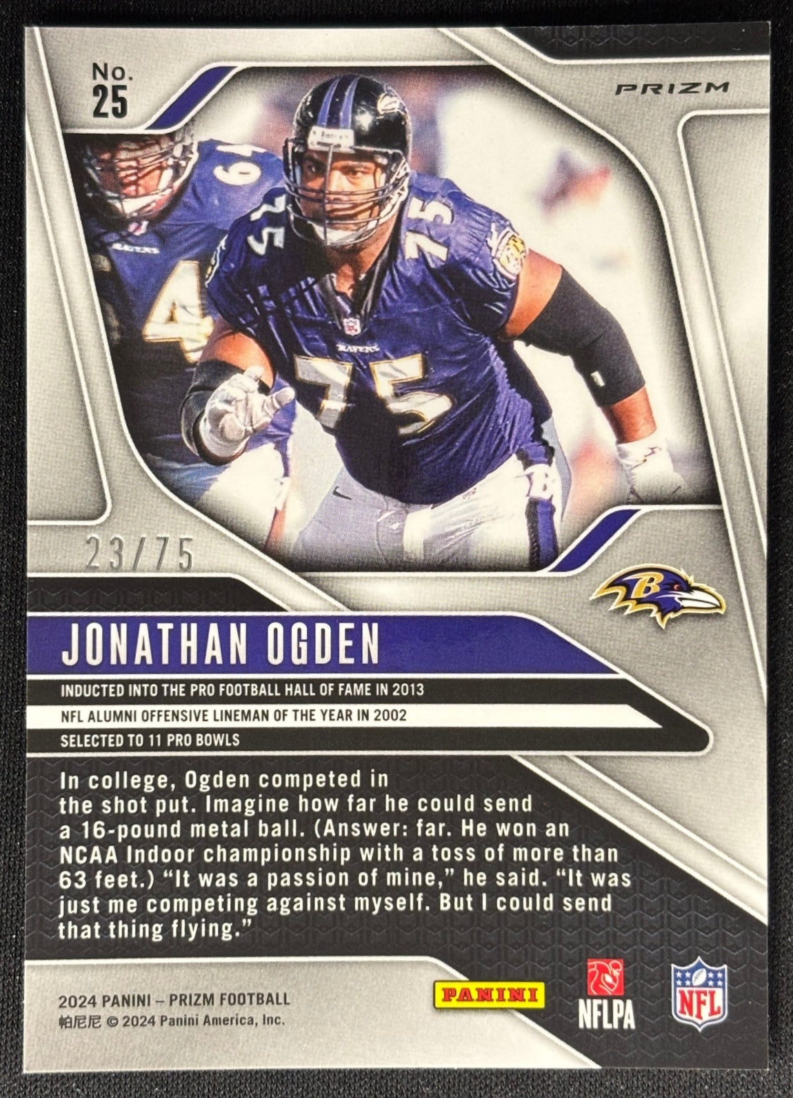 Jonathan Ogden 2024 Prizm Green Scope /75 Ravens - Back