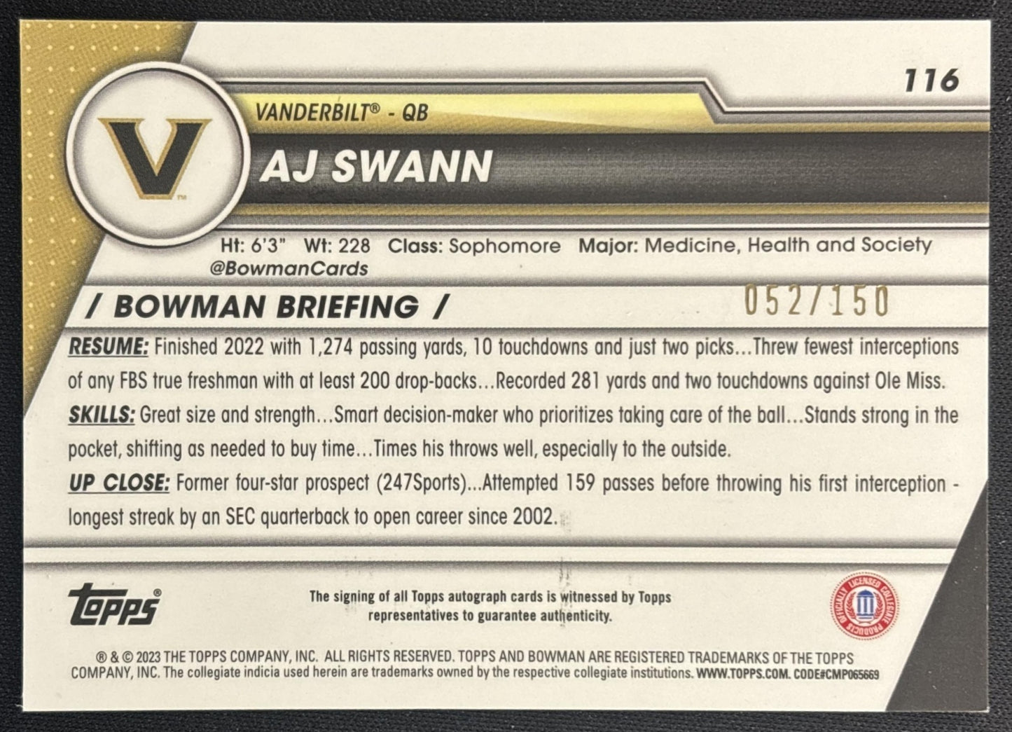 AJ Swann 2023 University Chrome Prospect Auto Fuschia Mini Diamond Refractor /150 Commodores back