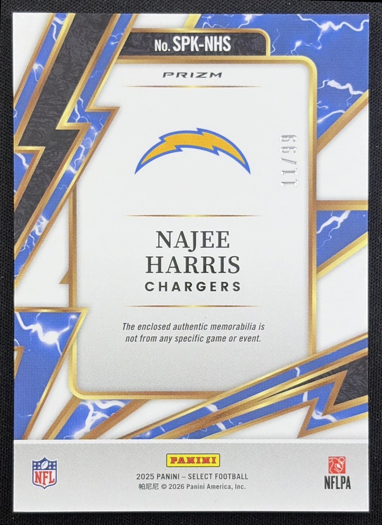 Najee Harris 2025 Panini Select Sparks White Prizm /99 Chargers