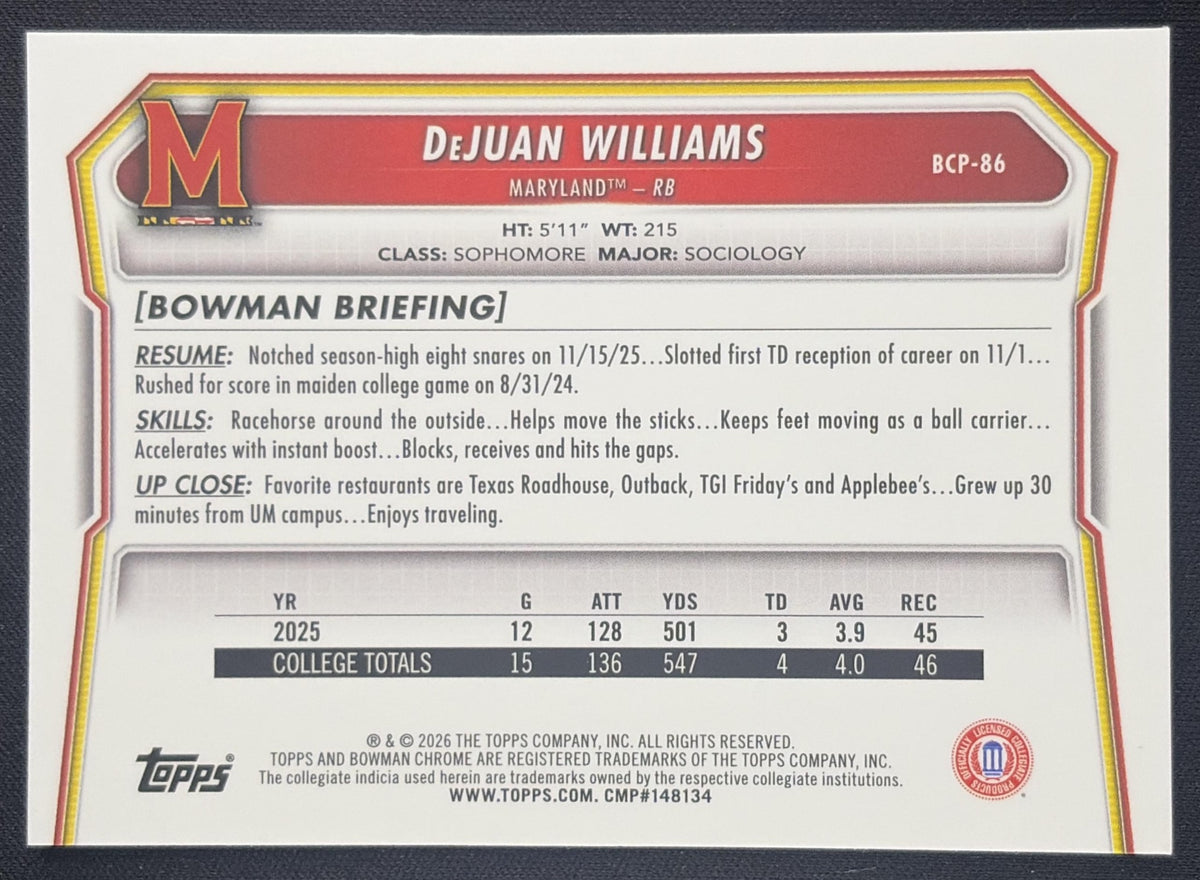DeJuan Williams 2026 Bowman Chrome Prospects Mojo Refractor Terrapins Sports Trading Card