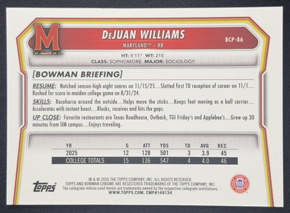 DeJuan Williams 2026 Bowman Chrome Prospects Mojo Refractor Terrapins Sports Trading Card