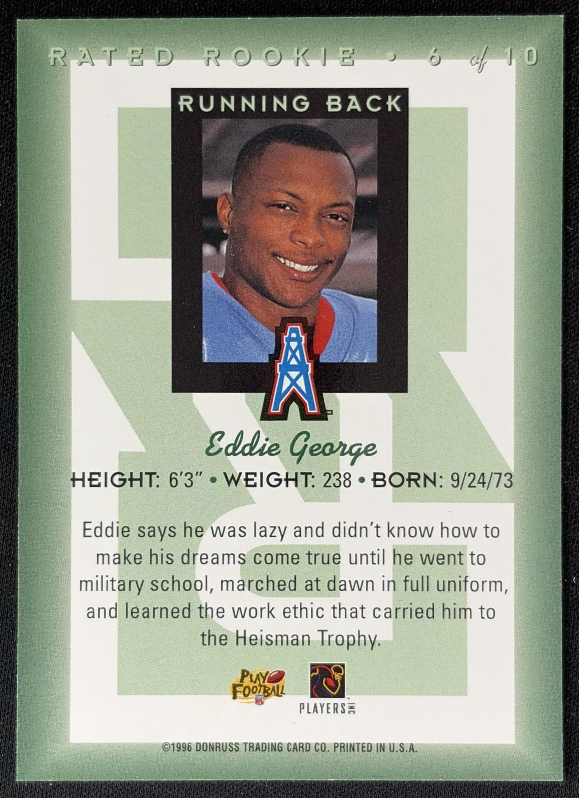 Eddie George 1996 Donruss Rated Rookie back