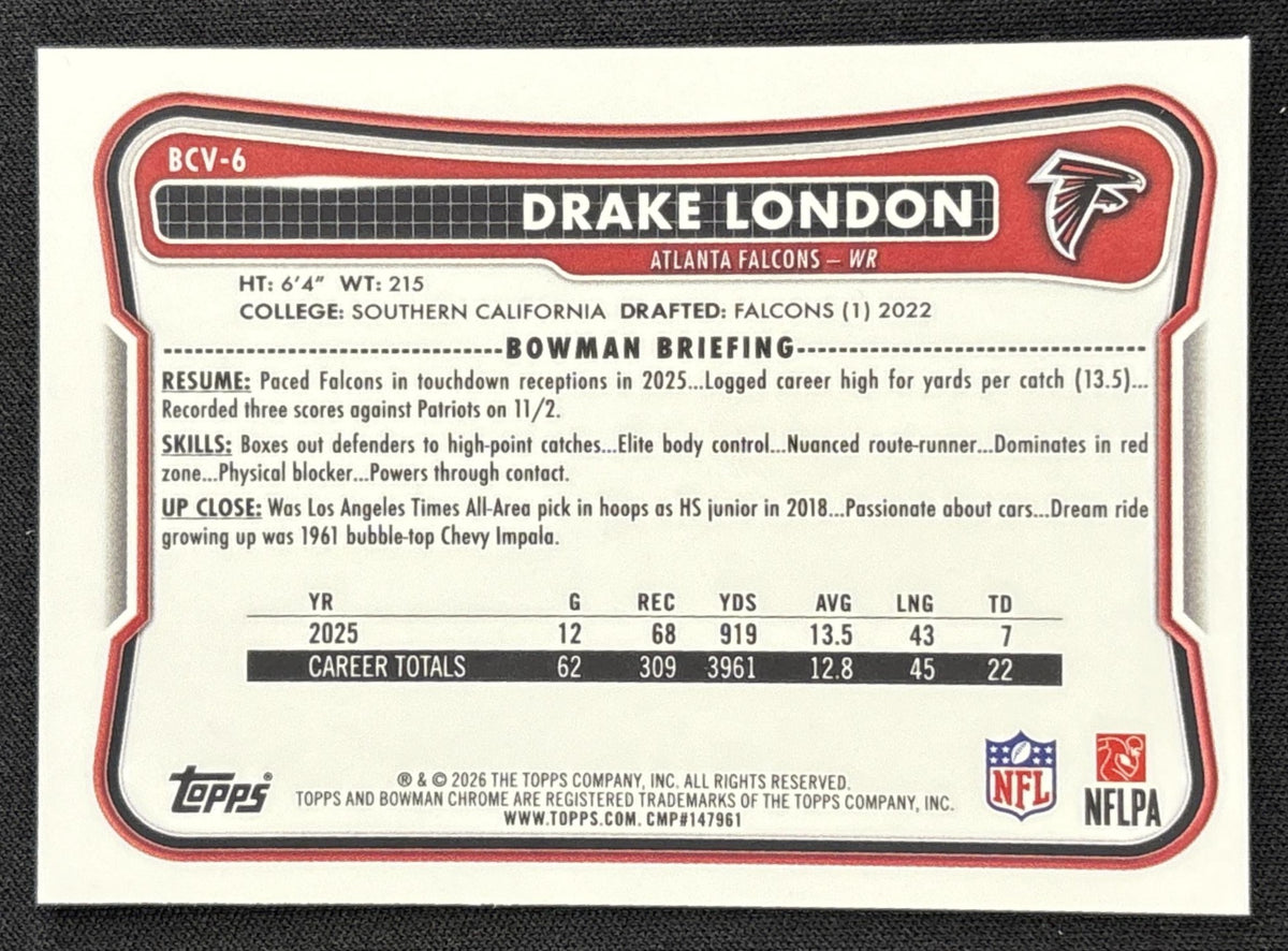 Drake London 2026 Bowman Chrome NFL Neon Green Refractor /399 Falcons Sports Trading Card