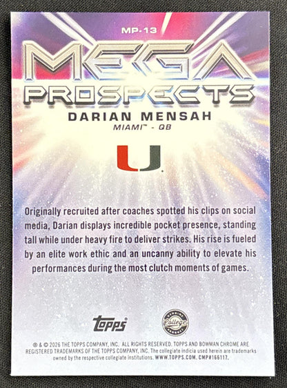 Darian Mensah 2026 Bowman Chrome Mega Prospects Mojo Refractor Dolphins Hurricanes