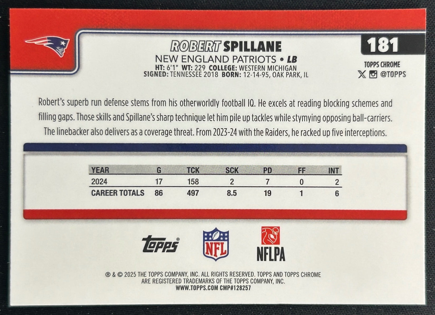 Robert Spillane 2025 Topps Chrome Pulsar Refractor Patriots Sports Trading Cards