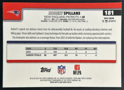 Robert Spillane 2025 Topps Chrome Pulsar Refractor Patriots Sports Trading Cards