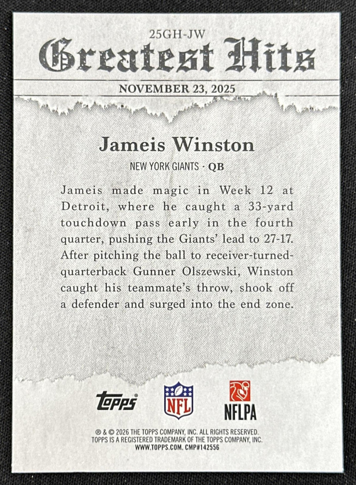 Jameis Winston 2026 Topps Flagship 2025 Greatest Hits Giants