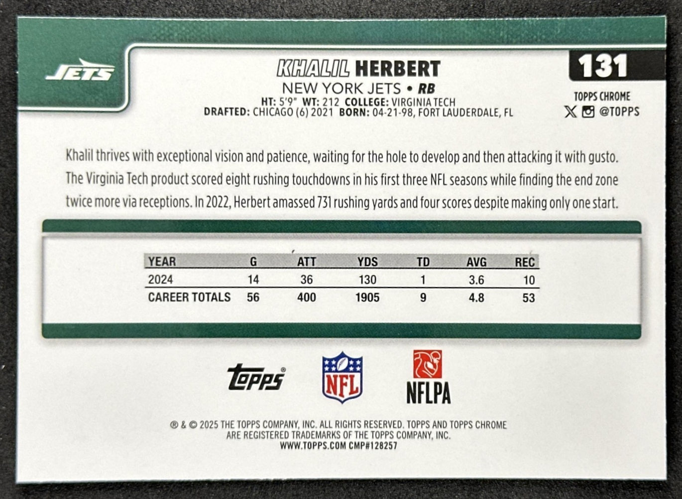 Khalil Herbert 2025 Topps Chrome Sapphire Jets back