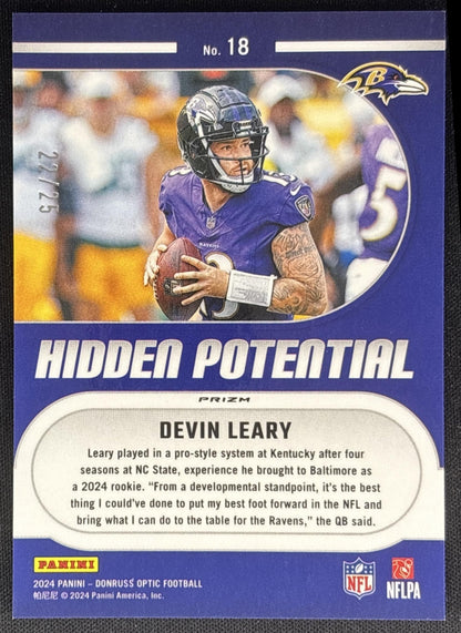 Devin Leary 2024 Panini Donruss Optic Hidden Potential Black Pandora /25 Ravens Sports Trading Cards