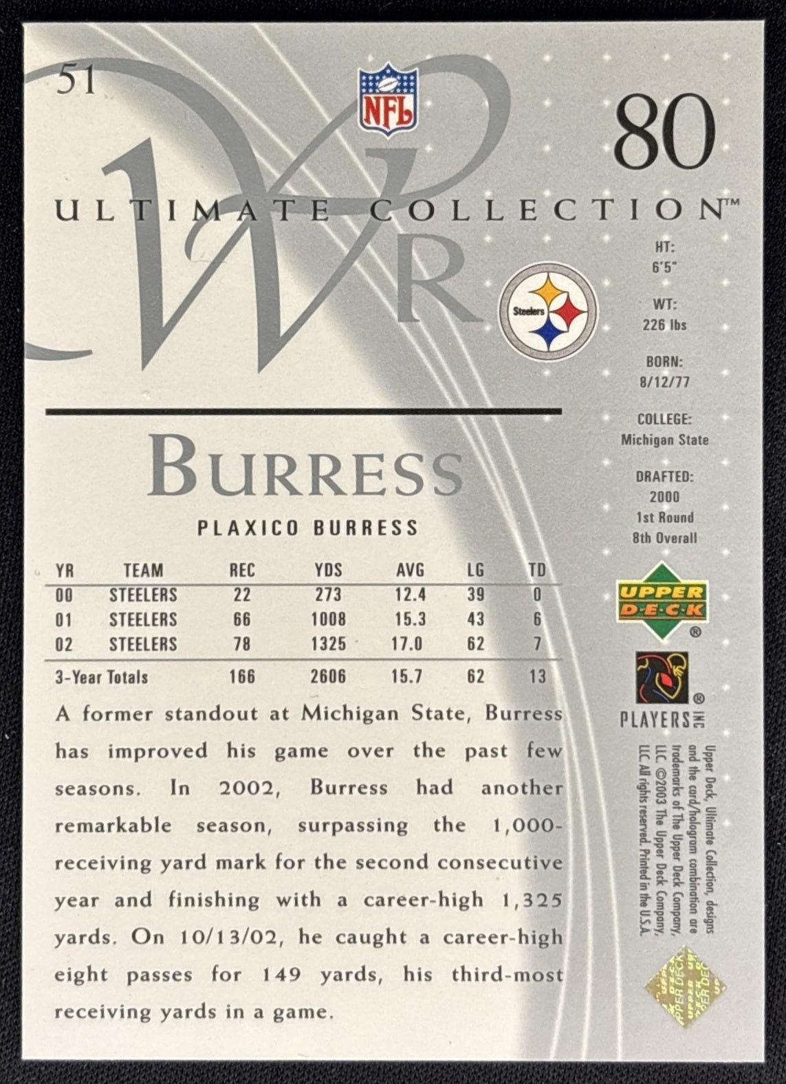 Plaxico Burress 2003 Upper Deck Ultimate Collection /750 Steelers back