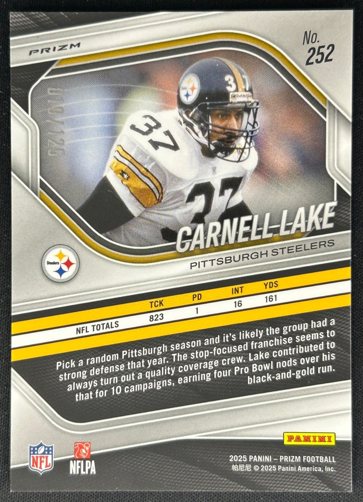 Carnell Lake 2025 Panini Prizm No Huddle Blue /125 Steelers Sports Trading Cards