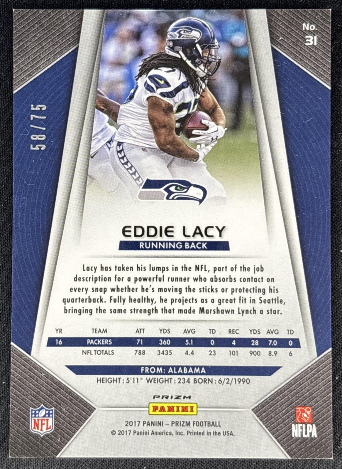Eddie Lacy 2017 Prizm Purple Ice /75 Seahawks