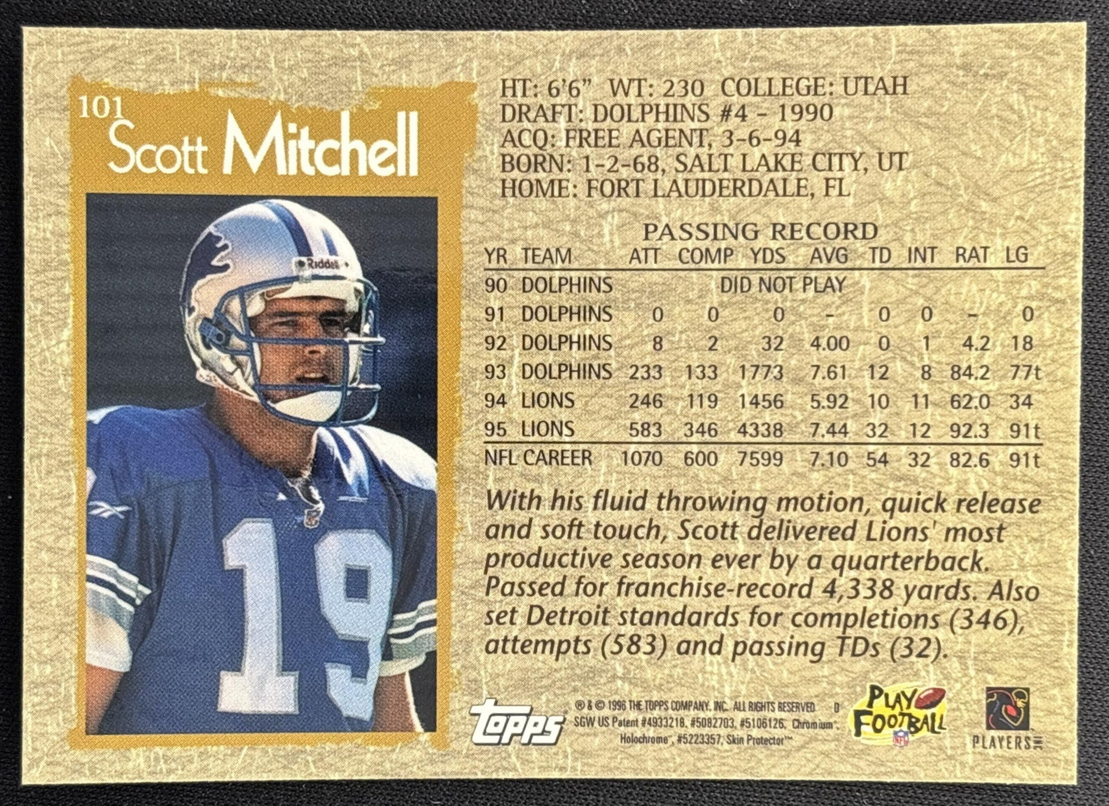 Scott Mitchell 1996 Topps Chrome Lions Sports Trading Cards