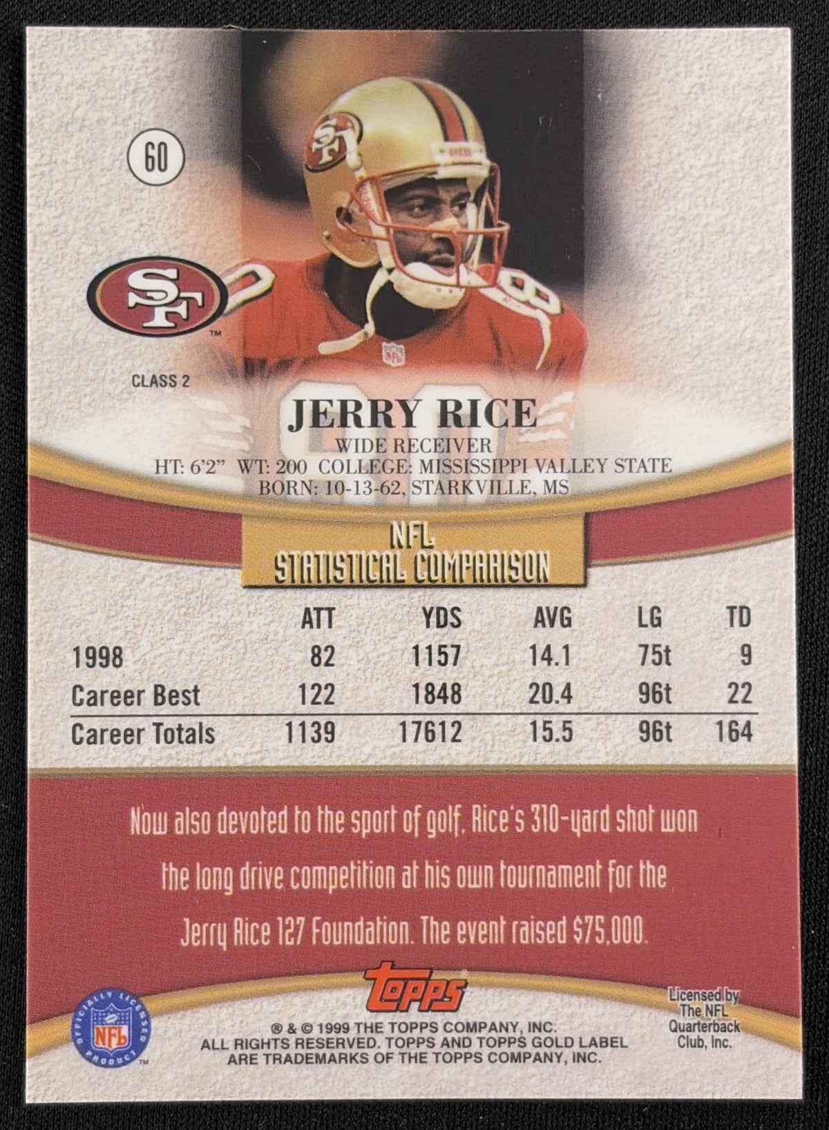 Jerry Rice 1999 Topps Gold Label Class 2 49ers Sports Trading Card