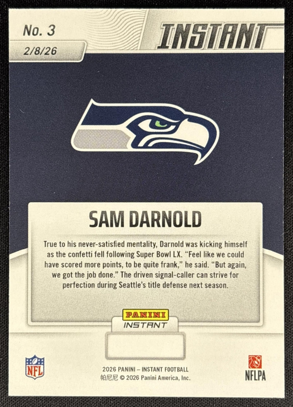 Sam Darnold 2026 Panini Instant Super Bowl LIX Champions Seattle Seahawks back