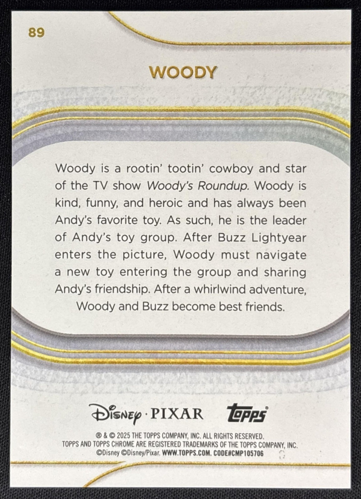 Woody 2025 Topps Chrome Disney Sapphire Green Refractor /99 Toy Story Sports Trading Card