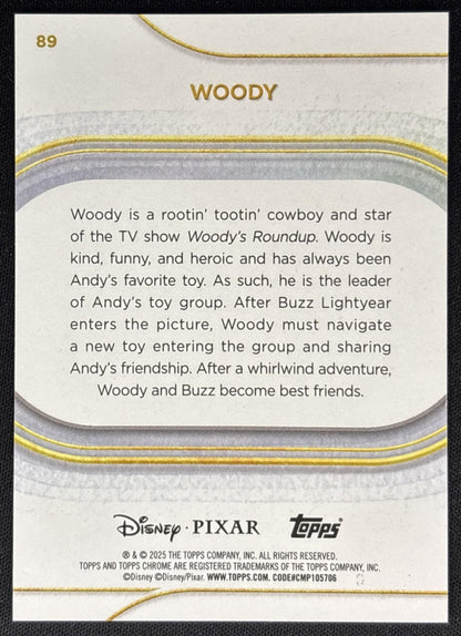 Woody 2025 Topps Chrome Disney Sapphire Green Refractor /99 Toy Story Sports Trading Card