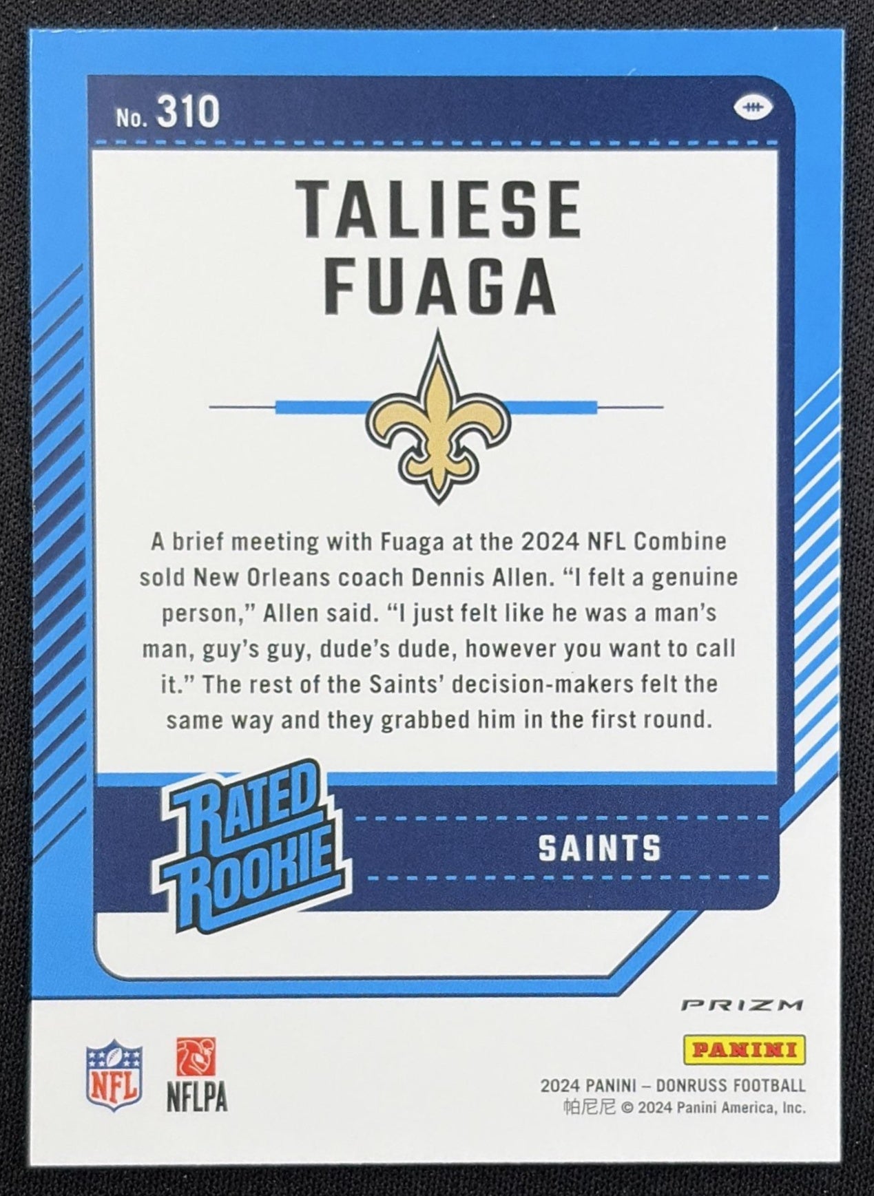 Taliese Fuaga 2024 Panini Donruss Optic Rated Rookie Preview Red Pandora Saints New Orleans Saints