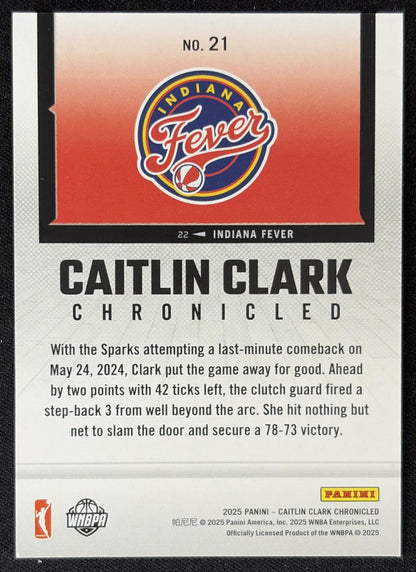 Caitlin Clark 2025 Panini Chronicled WNBA Holo Fever 21 Sports Trading Card
