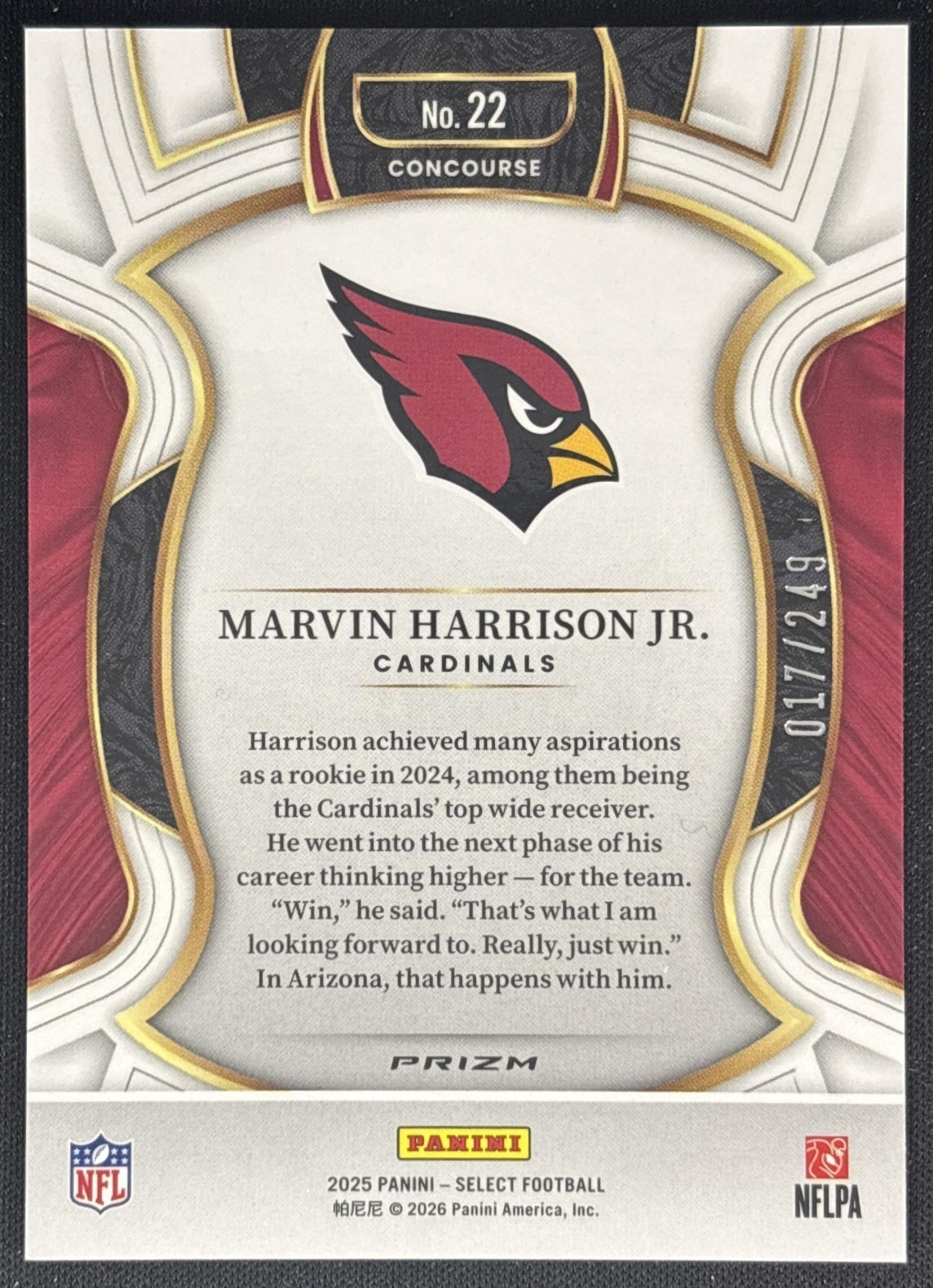 Marvin Harrison Jr. 2025 Panini Select Concourse Blue Prizm /249 Cardinals back
