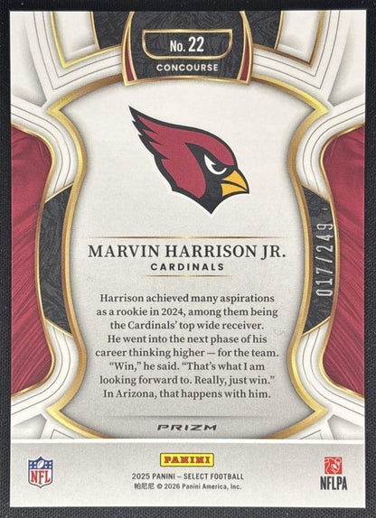 Marvin Harrison Jr. 2025 Panini Select Concourse Blue Prizm /249 Cardinals back