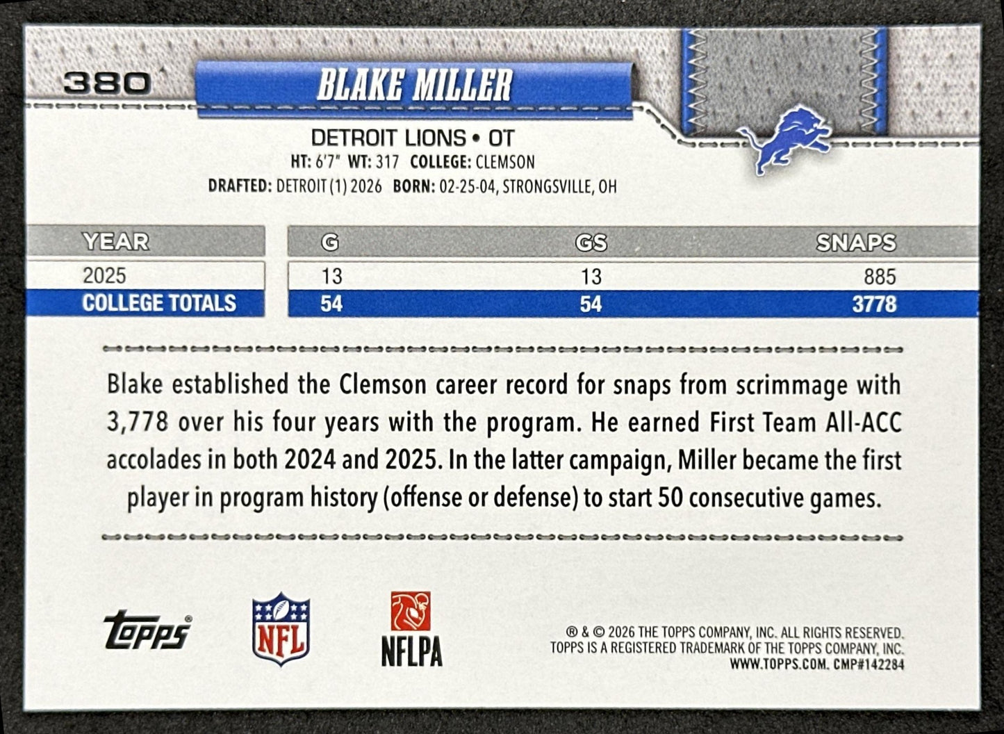 Blake Miller 2026 Topps Flagship Rookie Lions Sports Trading Cards