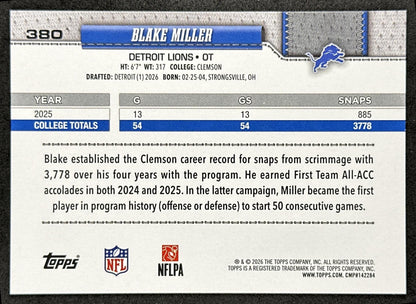 Blake Miller 2026 Topps Flagship Rookie Lions Sports Trading Cards