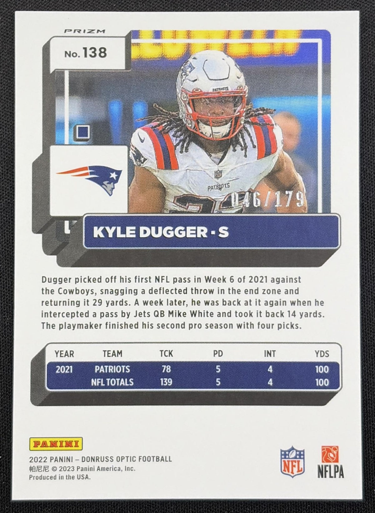 Kyle Dugger 2022 Panini Donruss Optic Blue /179 Patriots