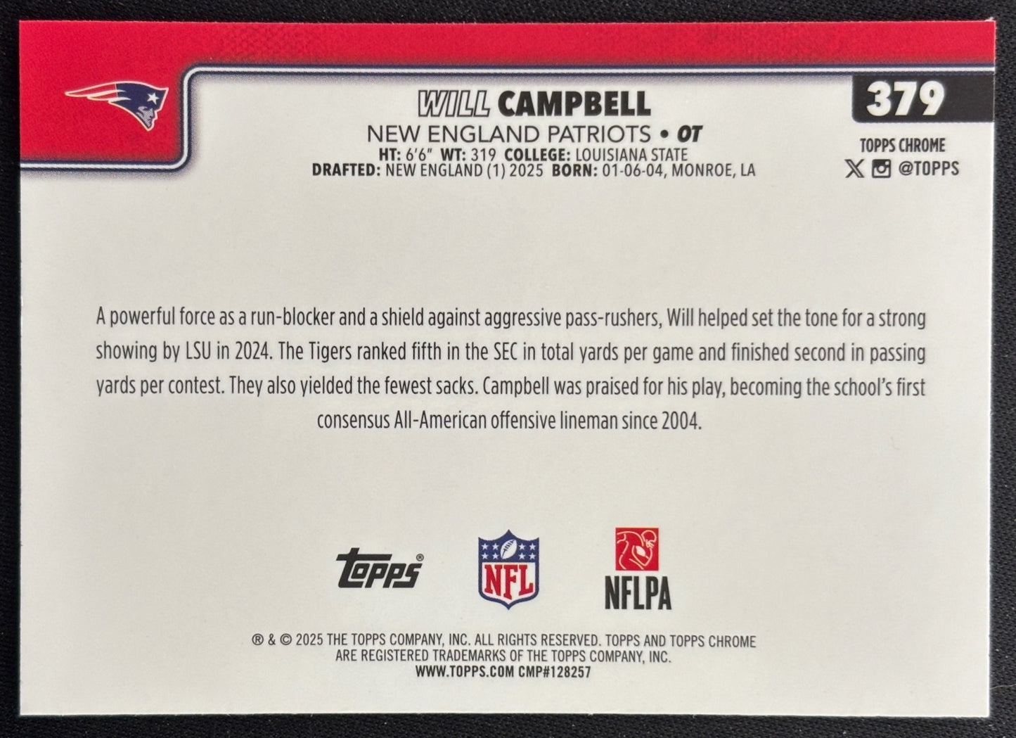 Will Campbell 2025 Topps Chrome Rookie Patriots Sports Trading Cards