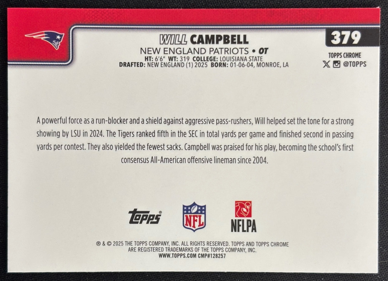 Will Campbell 2025 Topps Chrome Rookie Patriots Sports Trading Cards