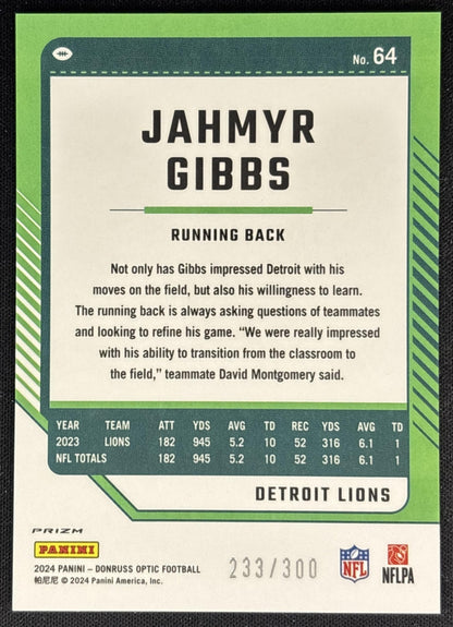 Jahmyr Gibbs 2024 Panini Donruss Optic Wave /300 Lions back
