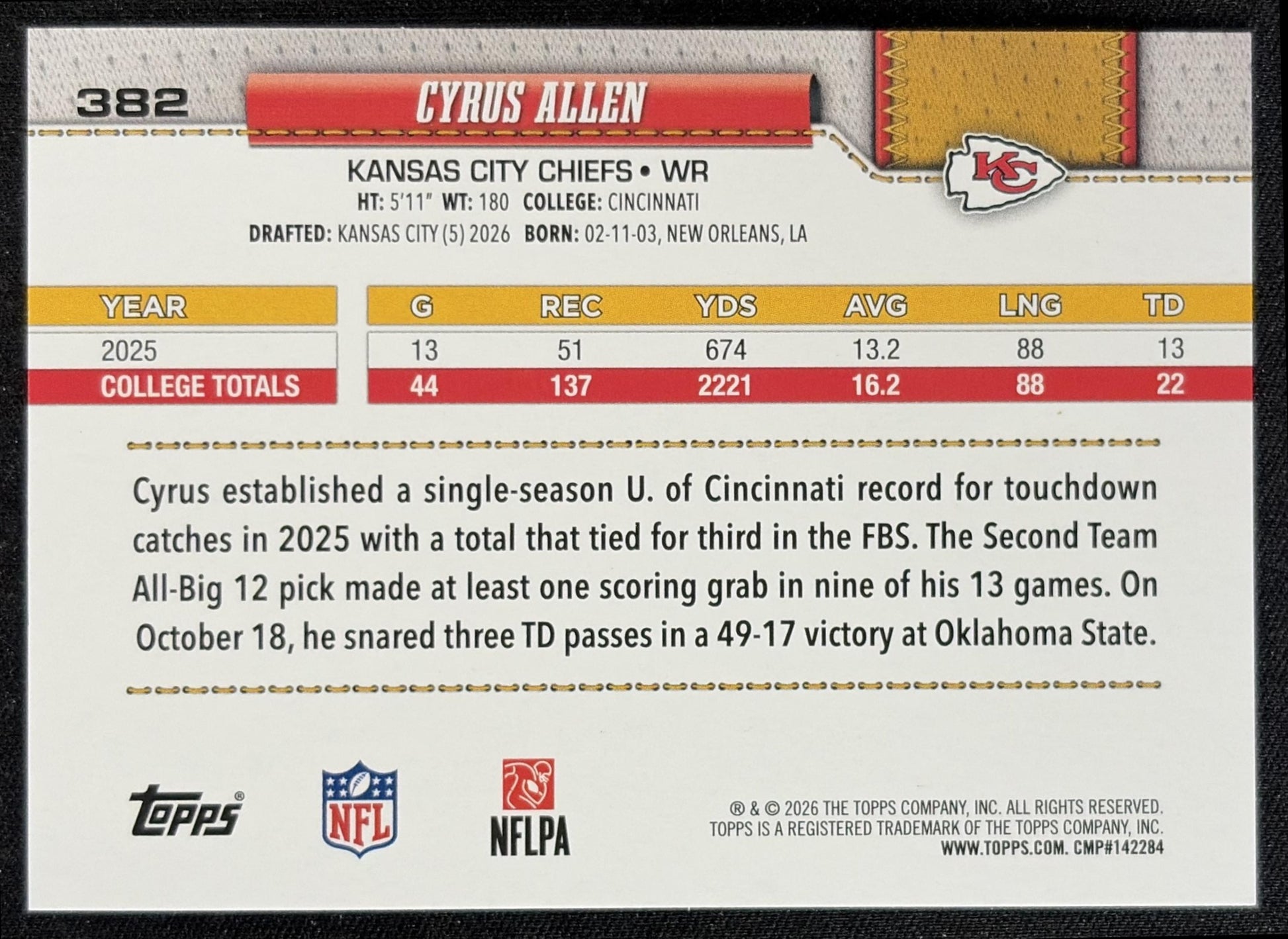 Cyrus Allen 2026 Topps Sandglitter Chiefs back