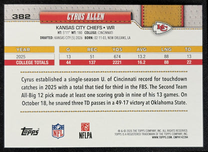 Cyrus Allen 2026 Topps Sandglitter Chiefs back