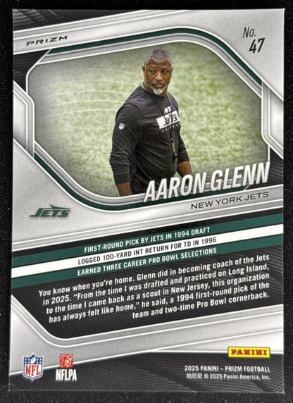 Aaron Glenn 2025 Panini Prizm Green Flash Jets Sports Trading Card