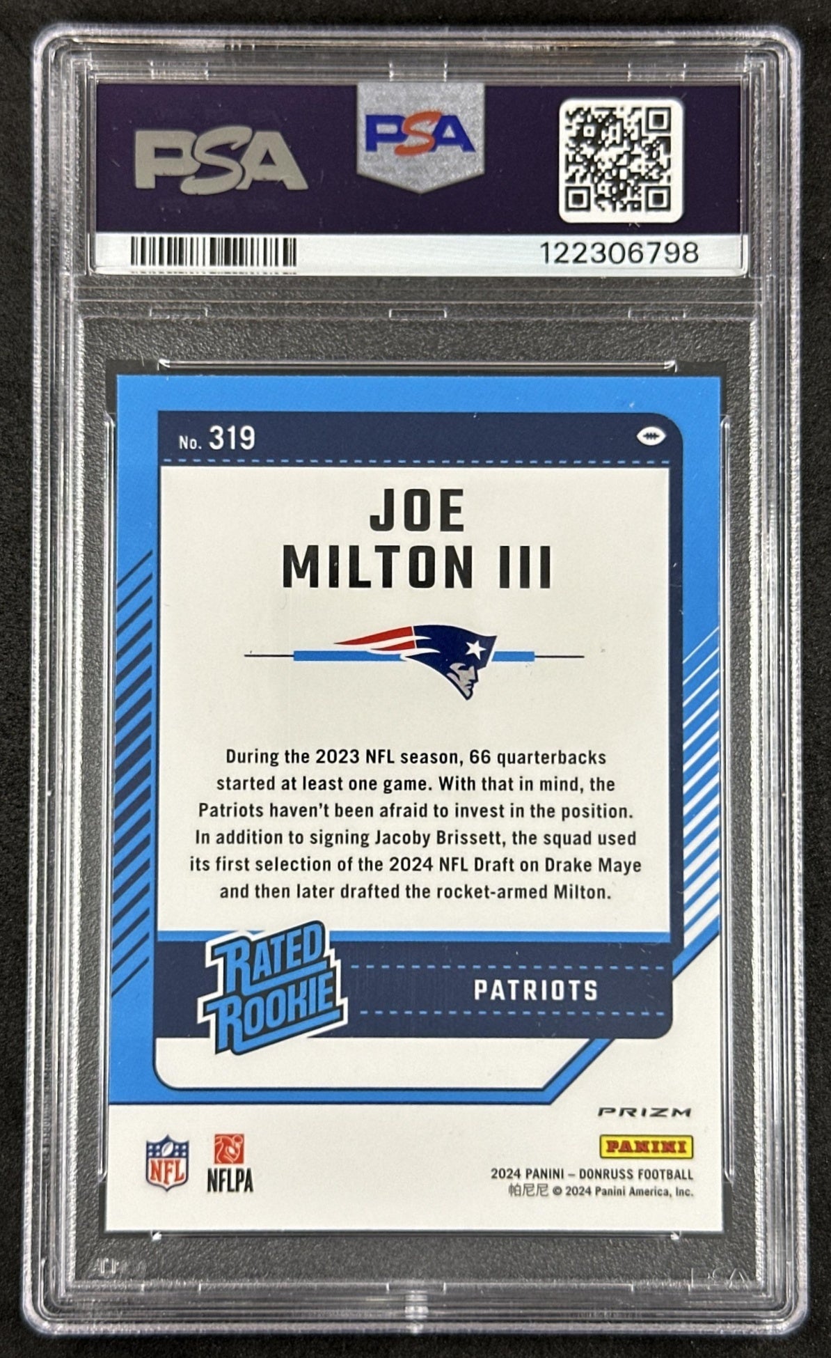 Joe Milton III 2024 Donruss Optic Rated Rookie Preview Blue Scope Patriots PSA 10