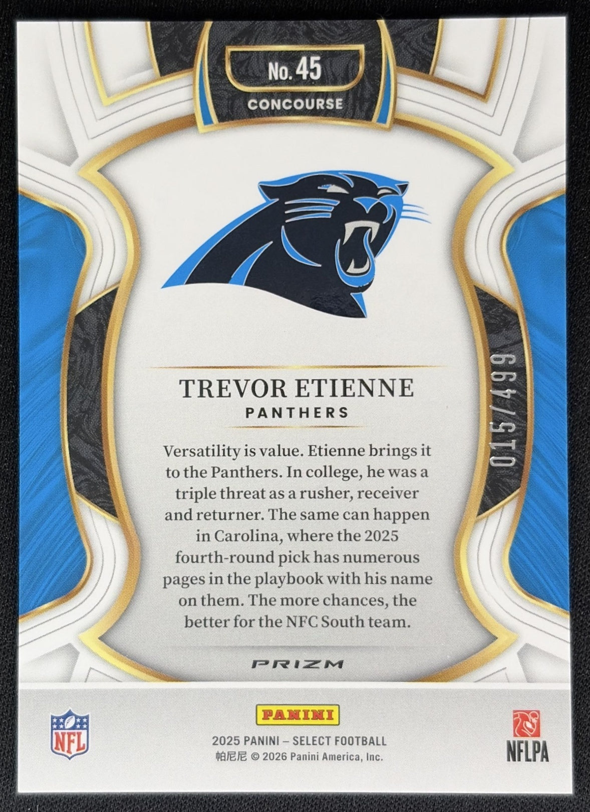 Trevor Etienne 2025 Panini Select Concourse Orange Prizm Shock /499 Panthers back