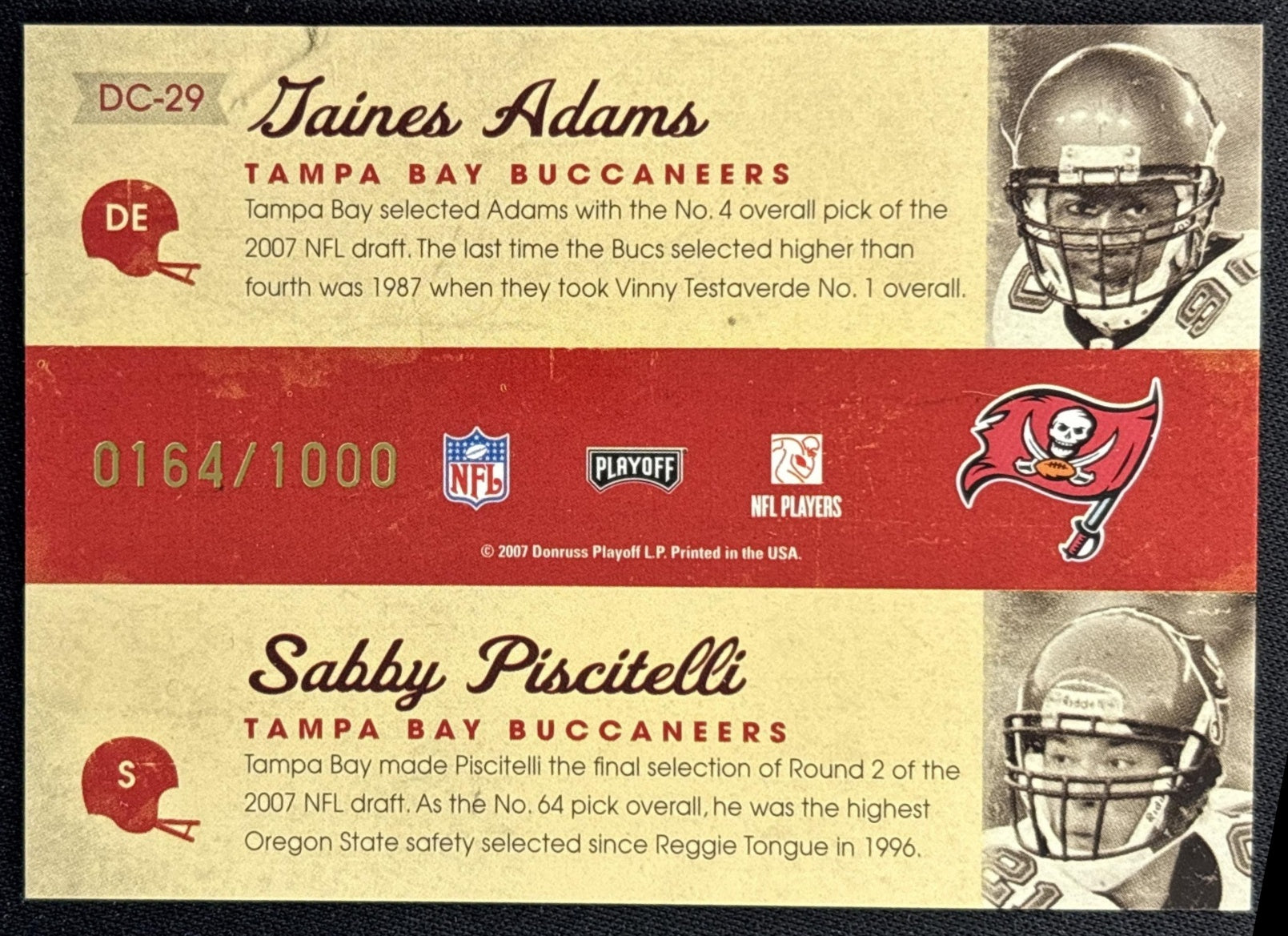 Gaines Adams Sabby Piscitelli 2007 Draft Class /1000 Sports Trading Cards