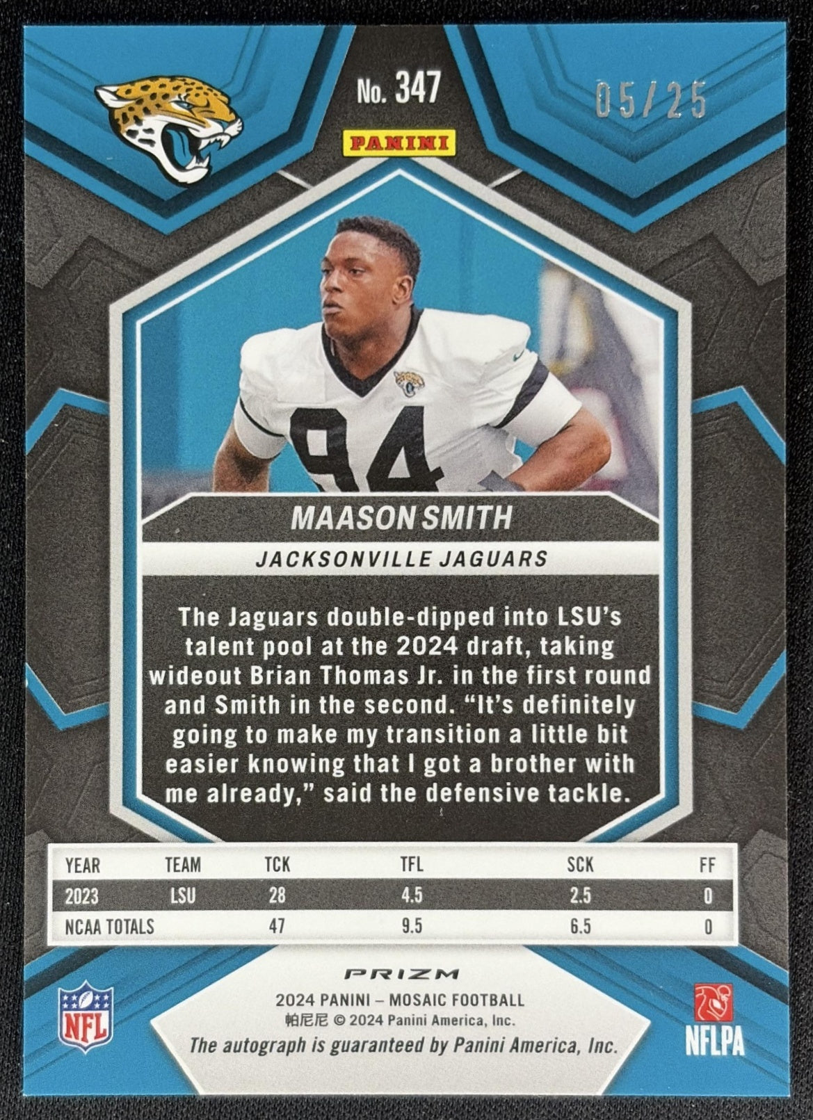 Maason Smith 2024 Panini Mosaic Rookie Auto White Prizm /25 Jaguars back
