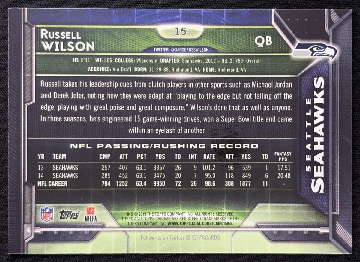 Russell Wilson 2015 Topps Chrome Blue Wave Refractor Seahawks