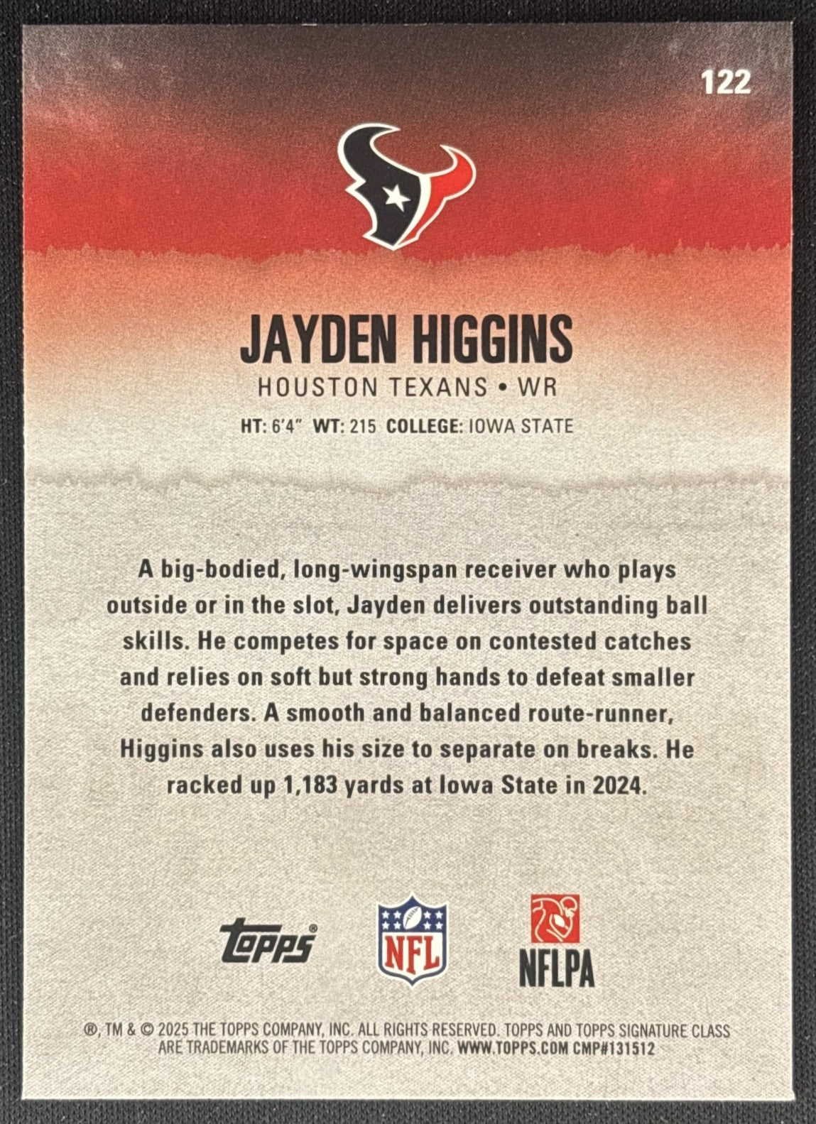 Jayden Higgins 2025 Topps Signature Class Rookie Green & Purple Foil Texans back