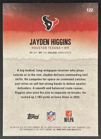 Jayden Higgins 2025 Topps Signature Class Rookie Green & Purple Foil Texans back