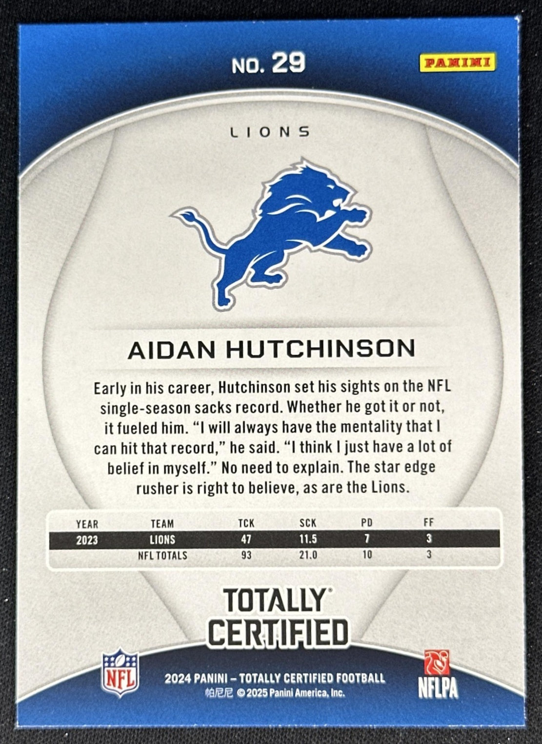 Aidan Hutchinson 2024 Panini Totally Certified Marron Lions back