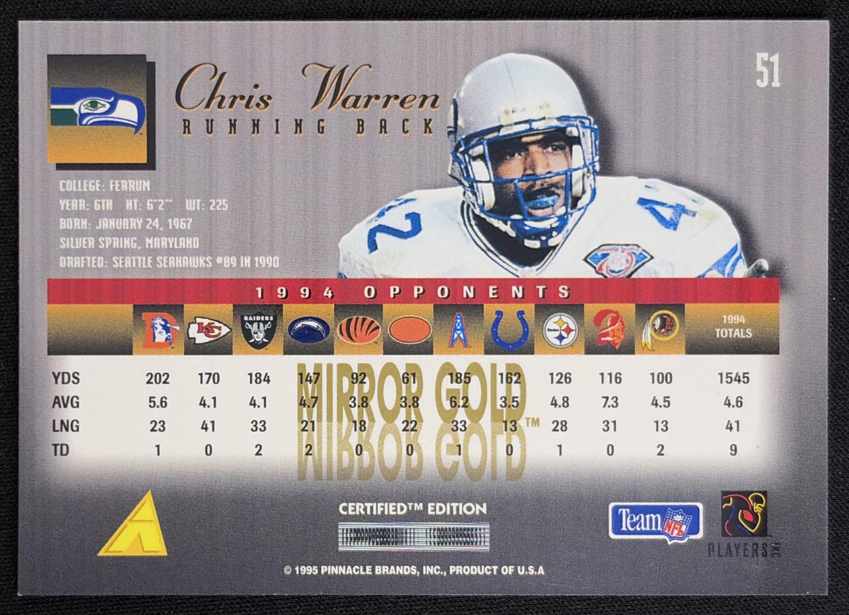 Chris Warren 1995 Pinnacle Select Certified Mirror Gold Seahawks Sports Trading Card
