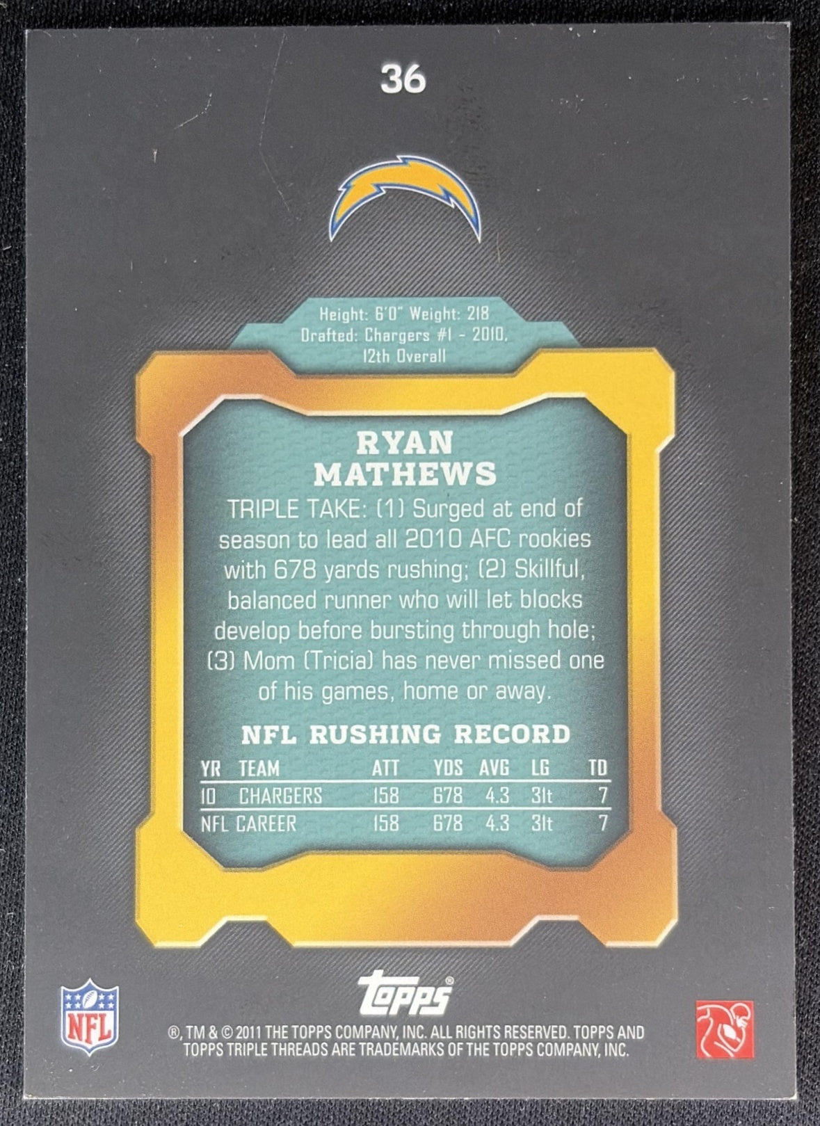 Ryan Mathews 2011 Topps Triple Threads Emerald /250 Chargers back