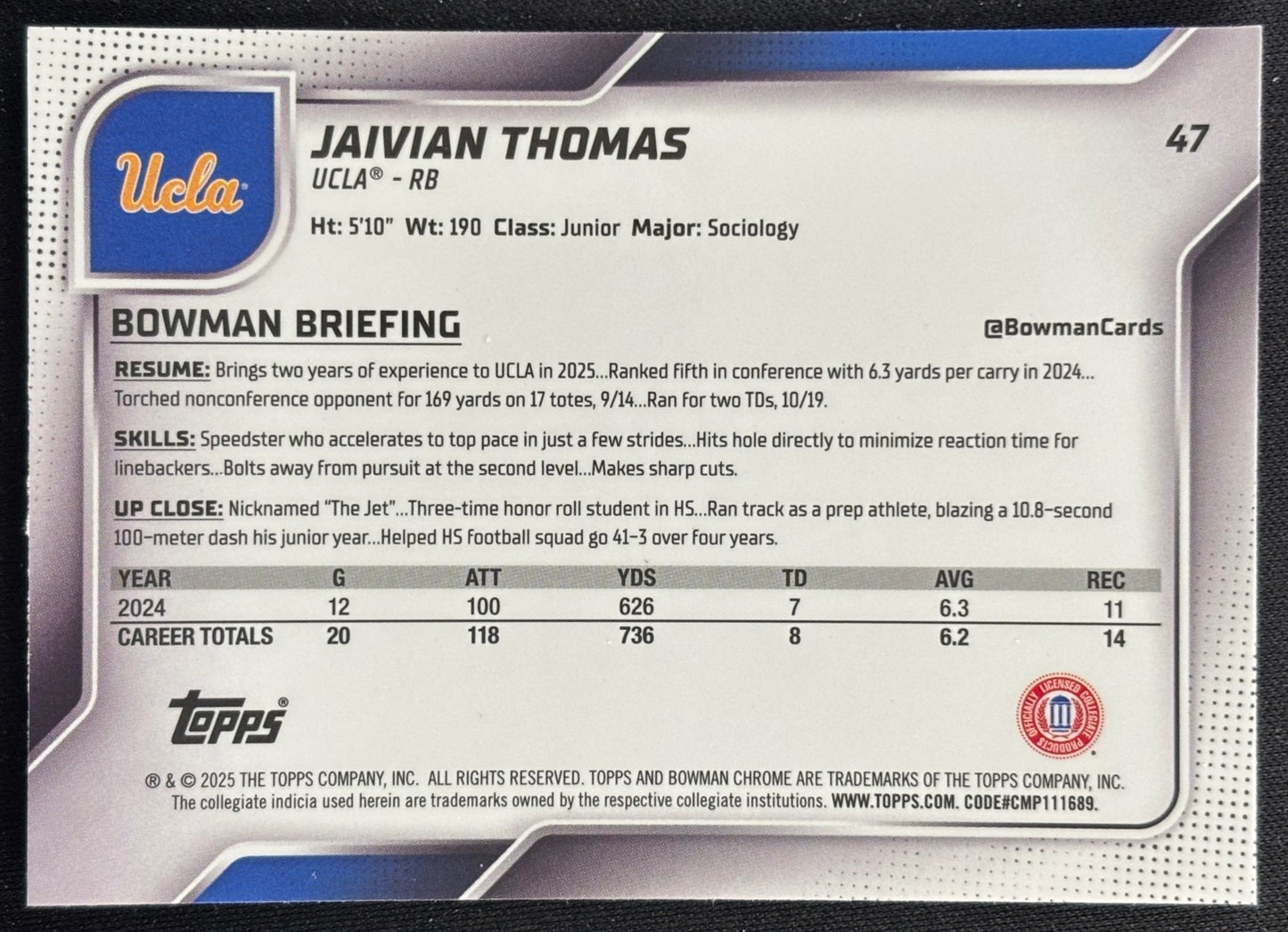 Jaivian Thomas 2025 Bowman Chrome University Sapphire Prospect Bruins Sports Trading Card