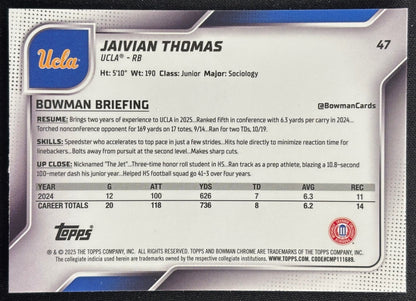 Jaivian Thomas 2025 Bowman Chrome University Sapphire Prospect Bruins Sports Trading Card