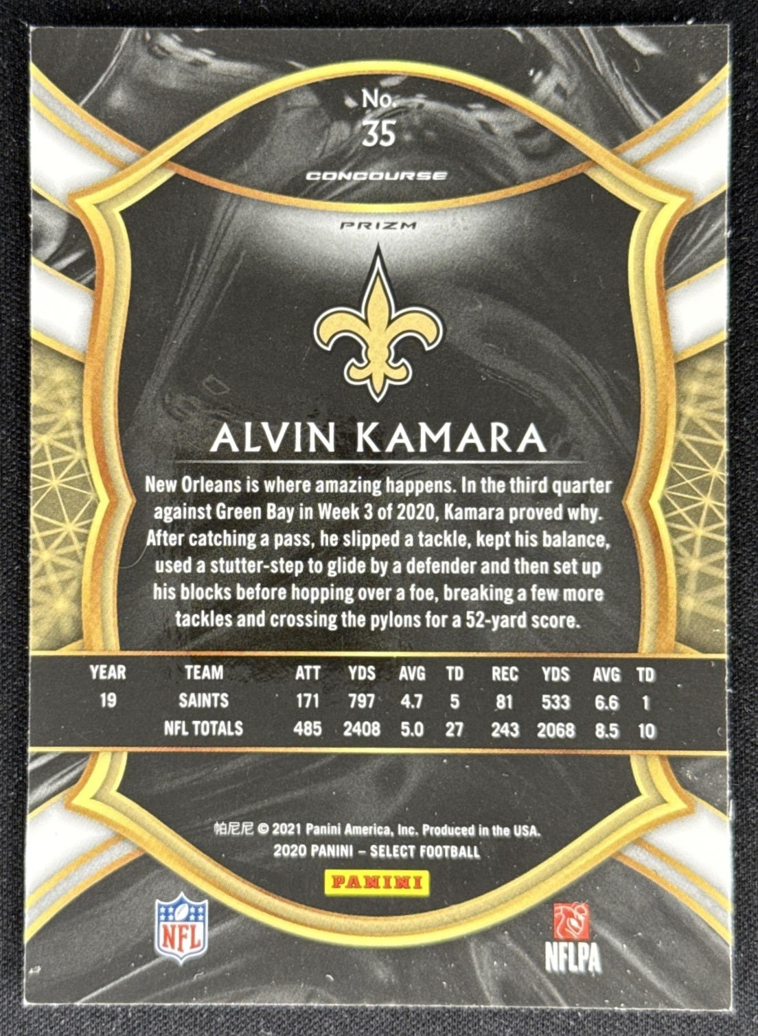 Alvin Kamara 2020 Panini Select Silver Prizm Saints Sports Trading Card