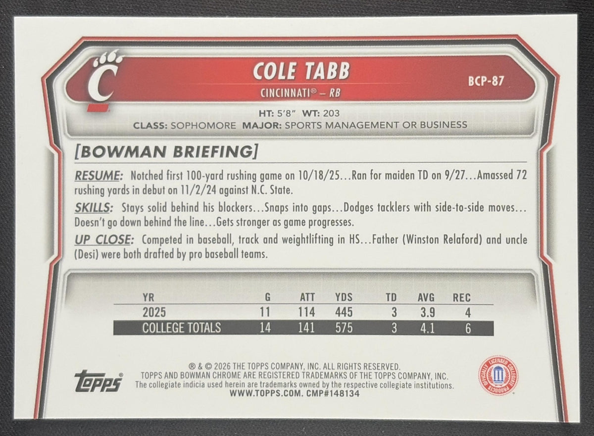 Cole Tabb 2026 Bowman Chrome Prospects Mojo Refractor Bearcats