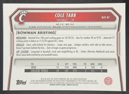 Cole Tabb 2026 Bowman Chrome Prospects Mojo Refractor Bearcats